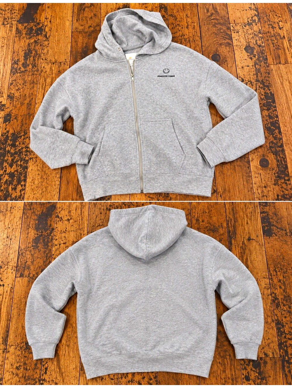 Gray Full Zip Fleece Hoodie Smiley Positive Vibes Logo Pockets Size Medium